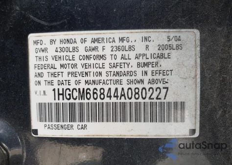 2004 Honda Accord 3.0 Ex из США, поврежденный, VIN 1HGCM66844A080227